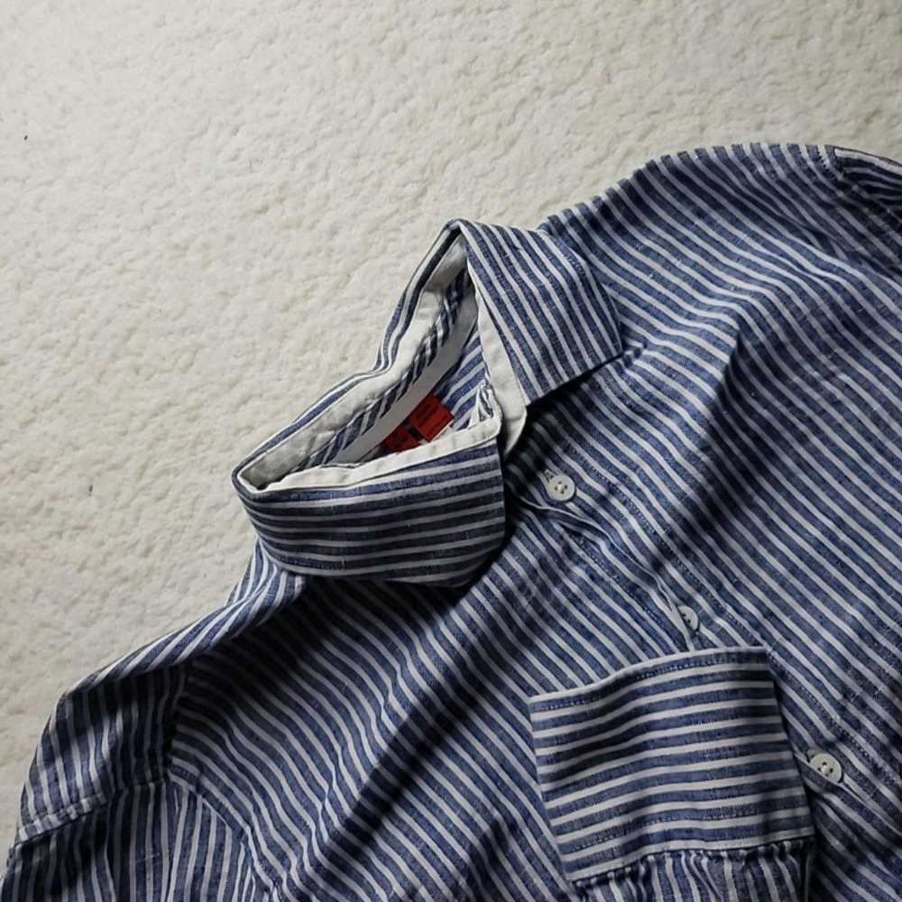 Haupt Shirt Mens Medium Blue Stripe Long Sleeve Fashion Fit Button-Up Casual